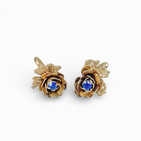 Vintage Jewelry - Antique Czech Filigree Gold Tone Rose Blue Rhinestone Screw Back Earrings.